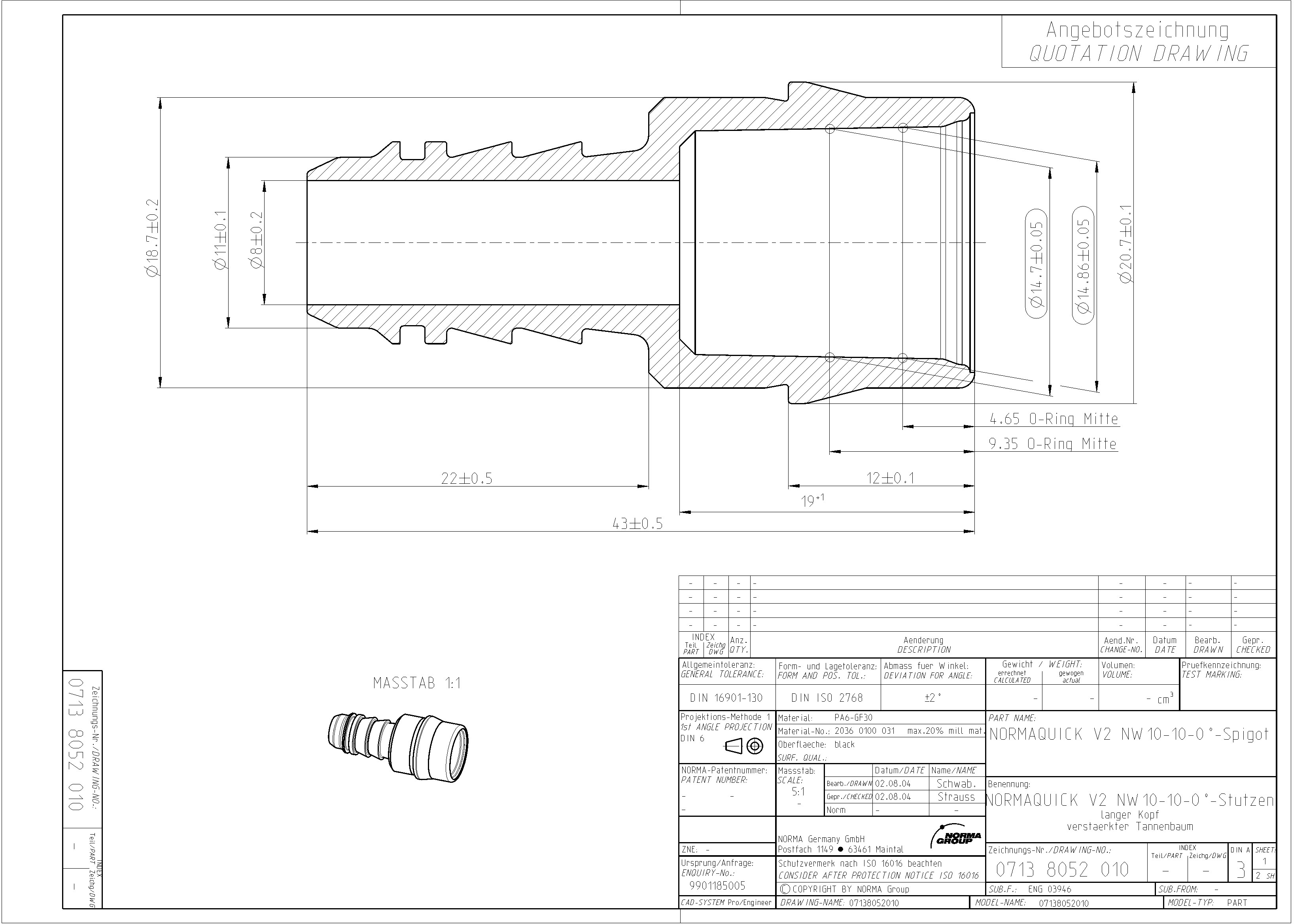 NQ-V2 Adapterstück / Stecker NW 10 - 10 - 0°, 10 mm Schlauchanschluss