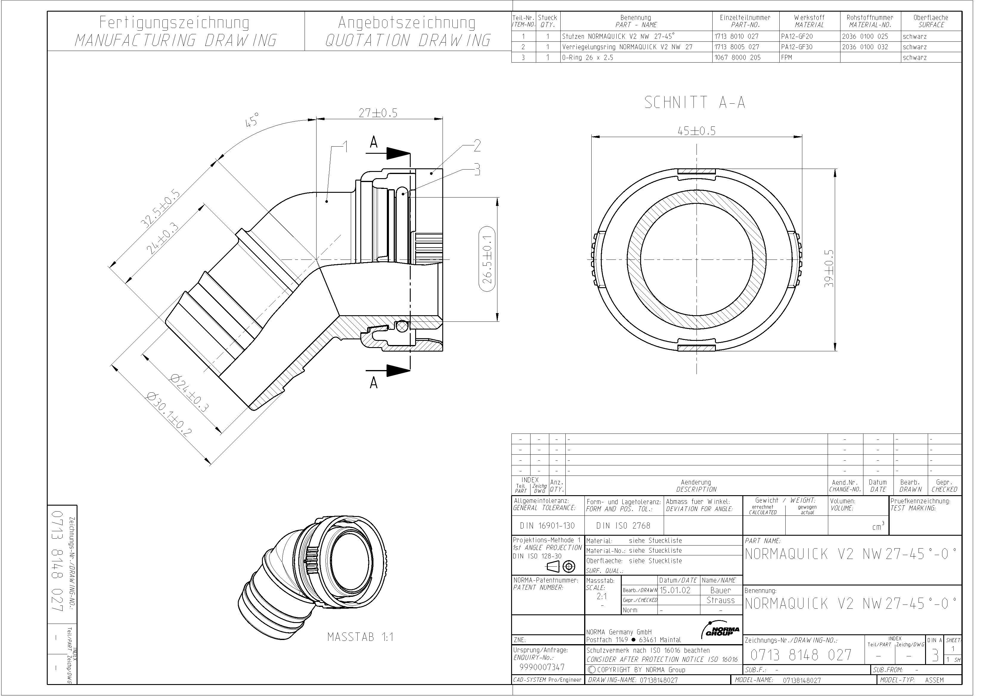 NQ-V2 Steckverbindung NW 27 - 45°, 29 mm Schlauchanschluss