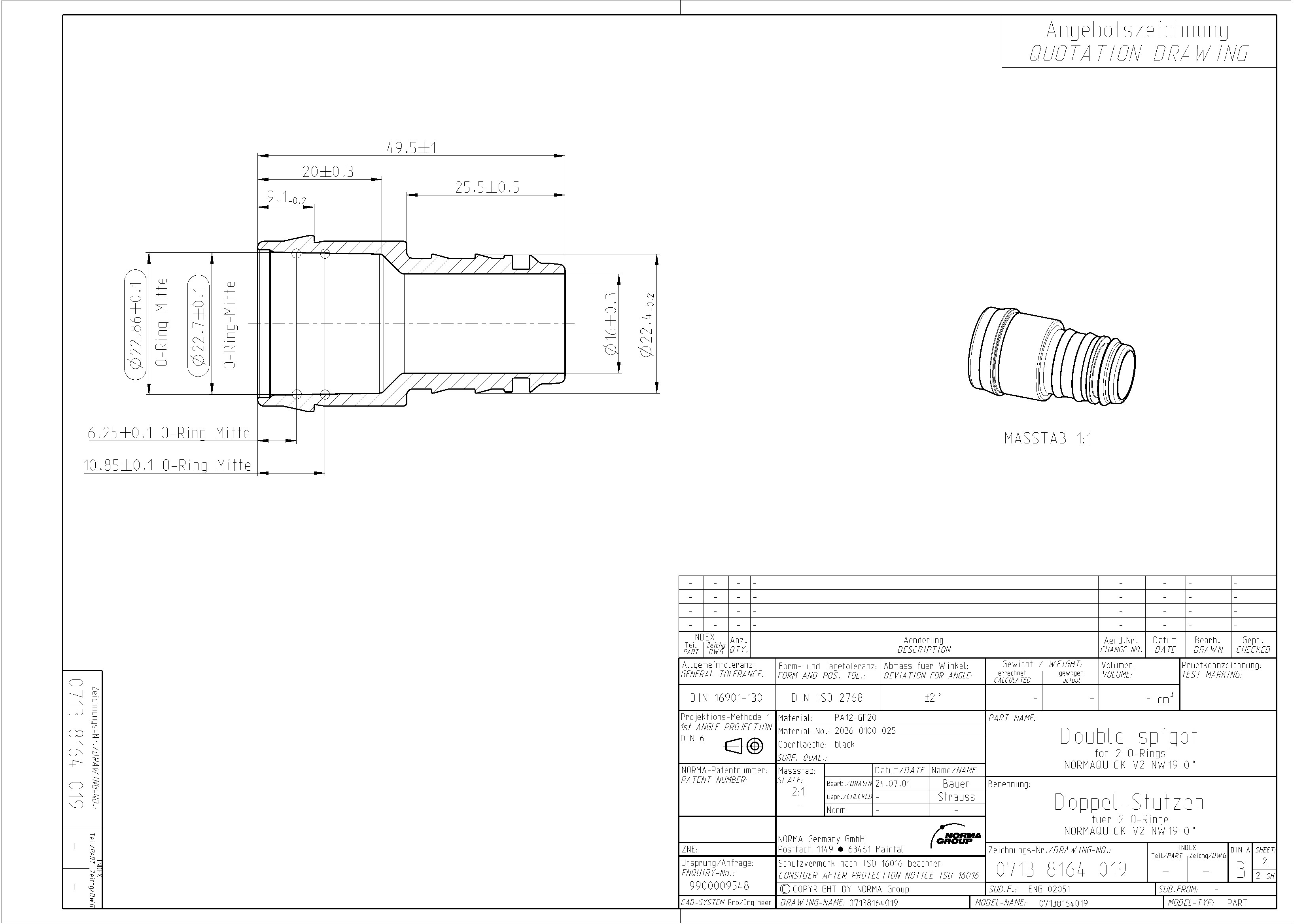 NQ-V2 Adapterstück / Stecker NW 19 - 0°, 19 mm Schlauchanschluss 