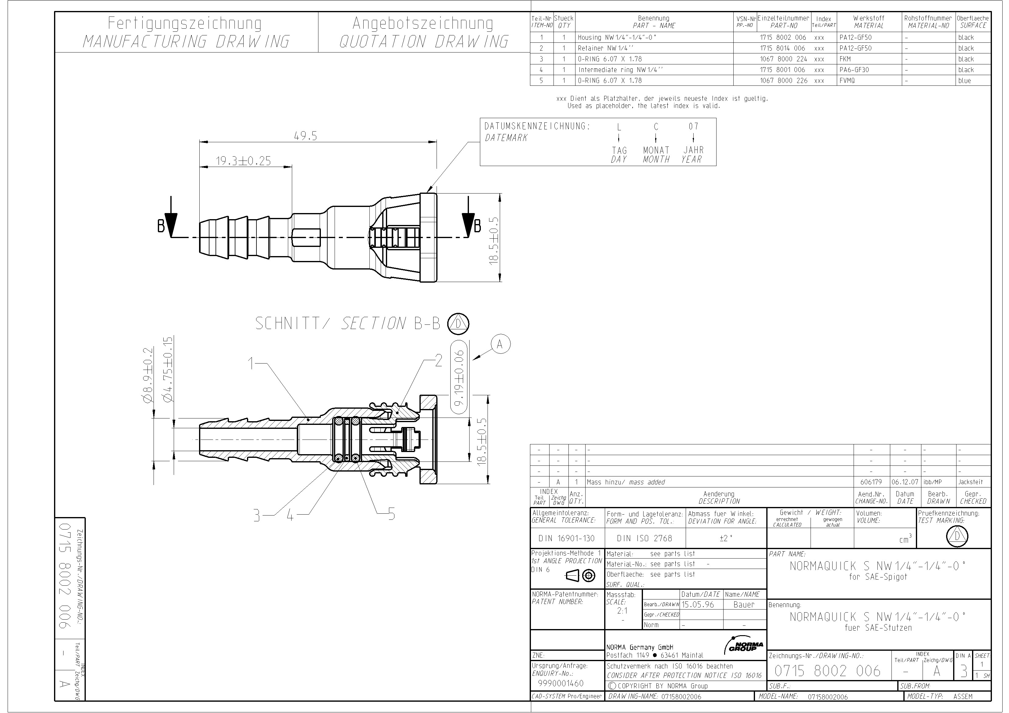 NQ-S 0°-Steckverbindung NW 1/4", mit 1/4"Schlauchanschluss (6,4 mm)