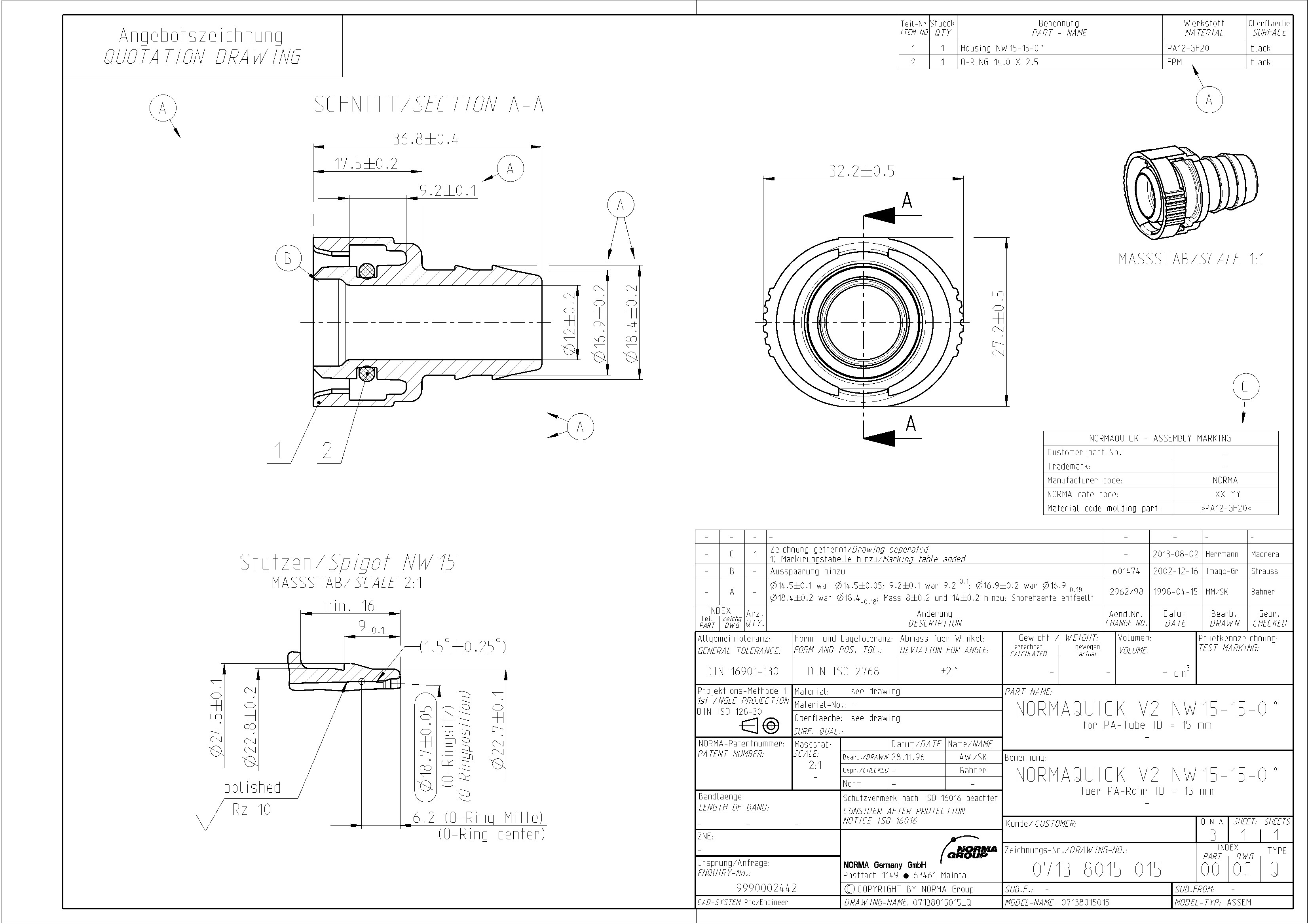 NQ-V2 Steckverbindung NW 15 - 15 - 0° - FKM, 16,9 mm Schlauchanschluss