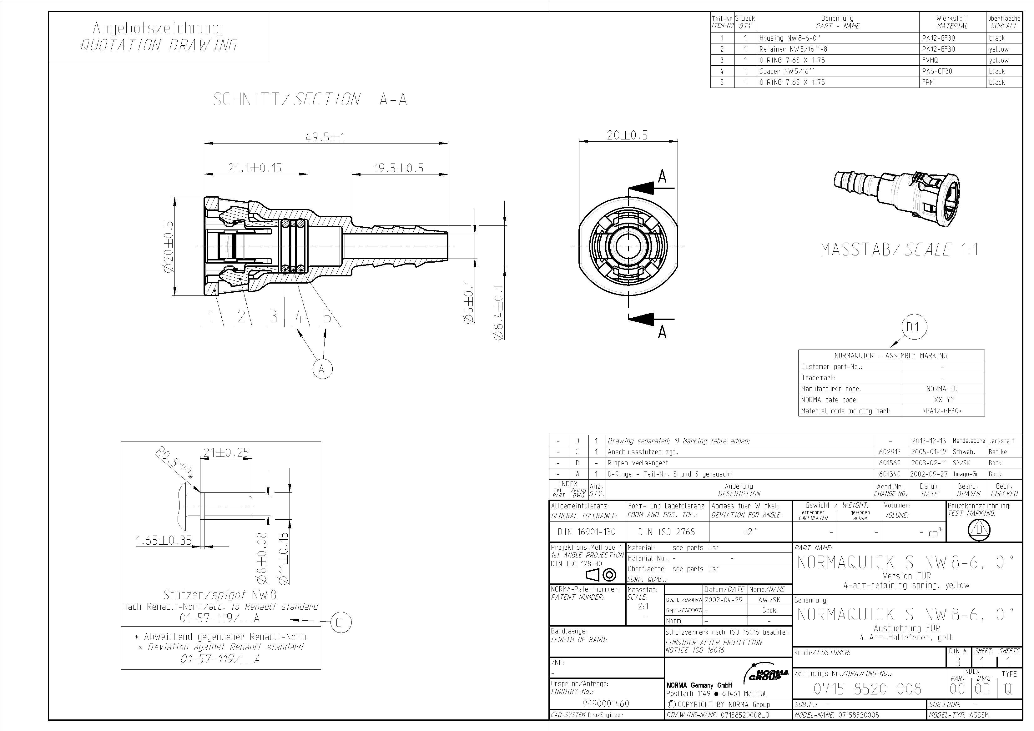 NQ-S Steckverbindung NW 08 - 06 - 0°, mit 6 mm Schlauchanschluss