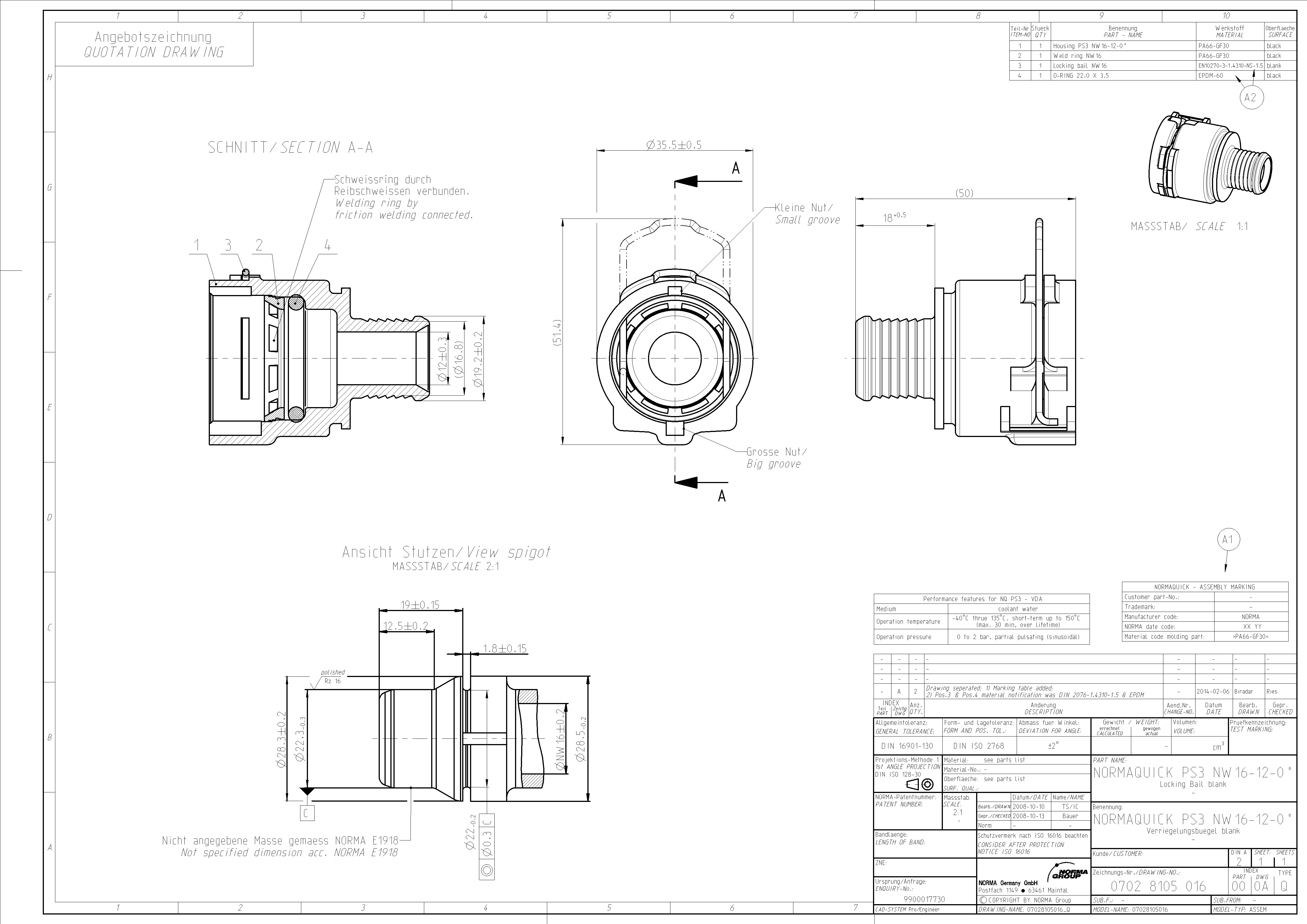 NQ-PS3 Steckverbindung NW 16 - 12 - 0° - EPDM, mit 16,8 mm Schlauchanschluss