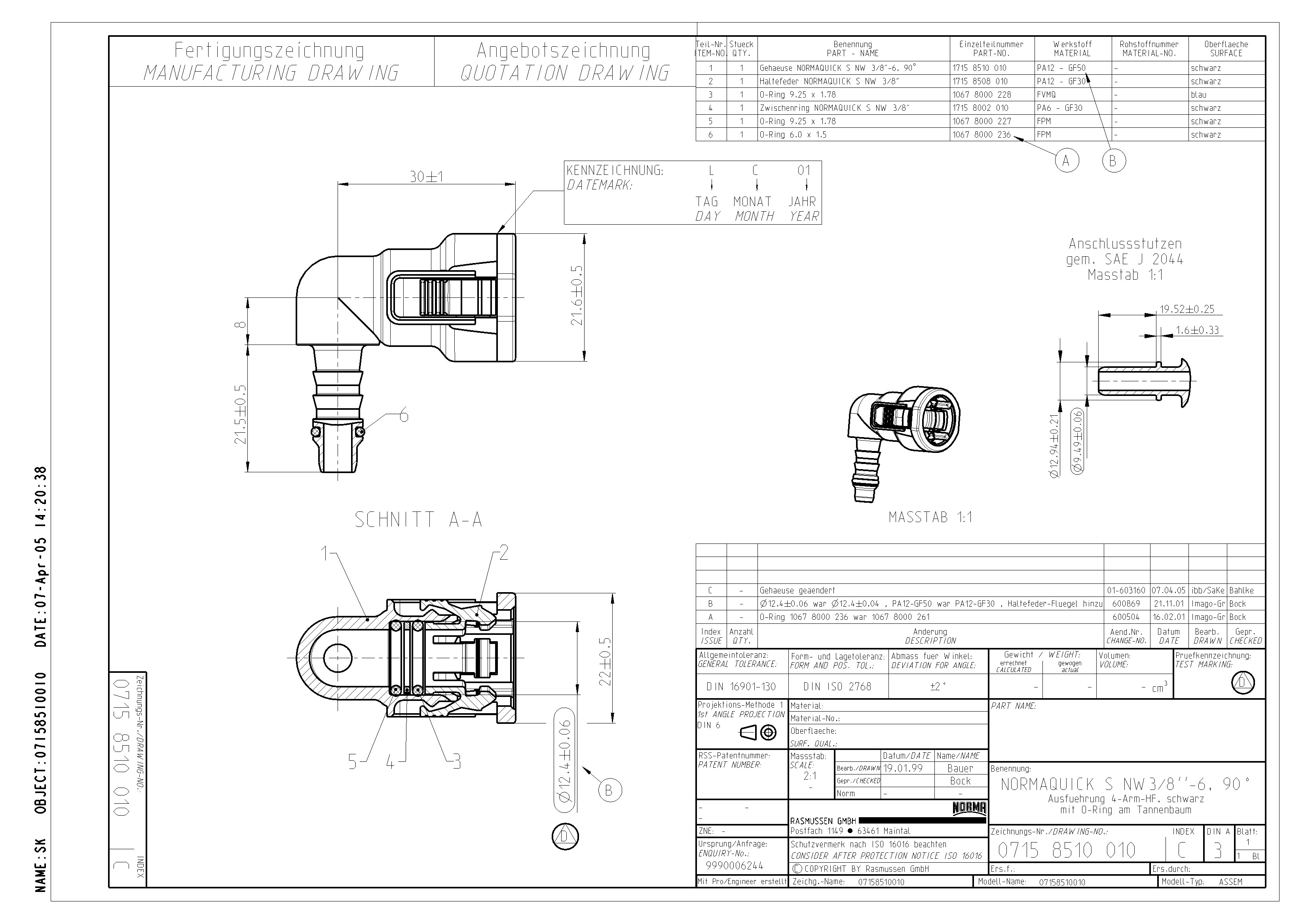 NQ-S 90°-Steckverbindung NW 3/8", mit 6 mm Schlauchanschluss