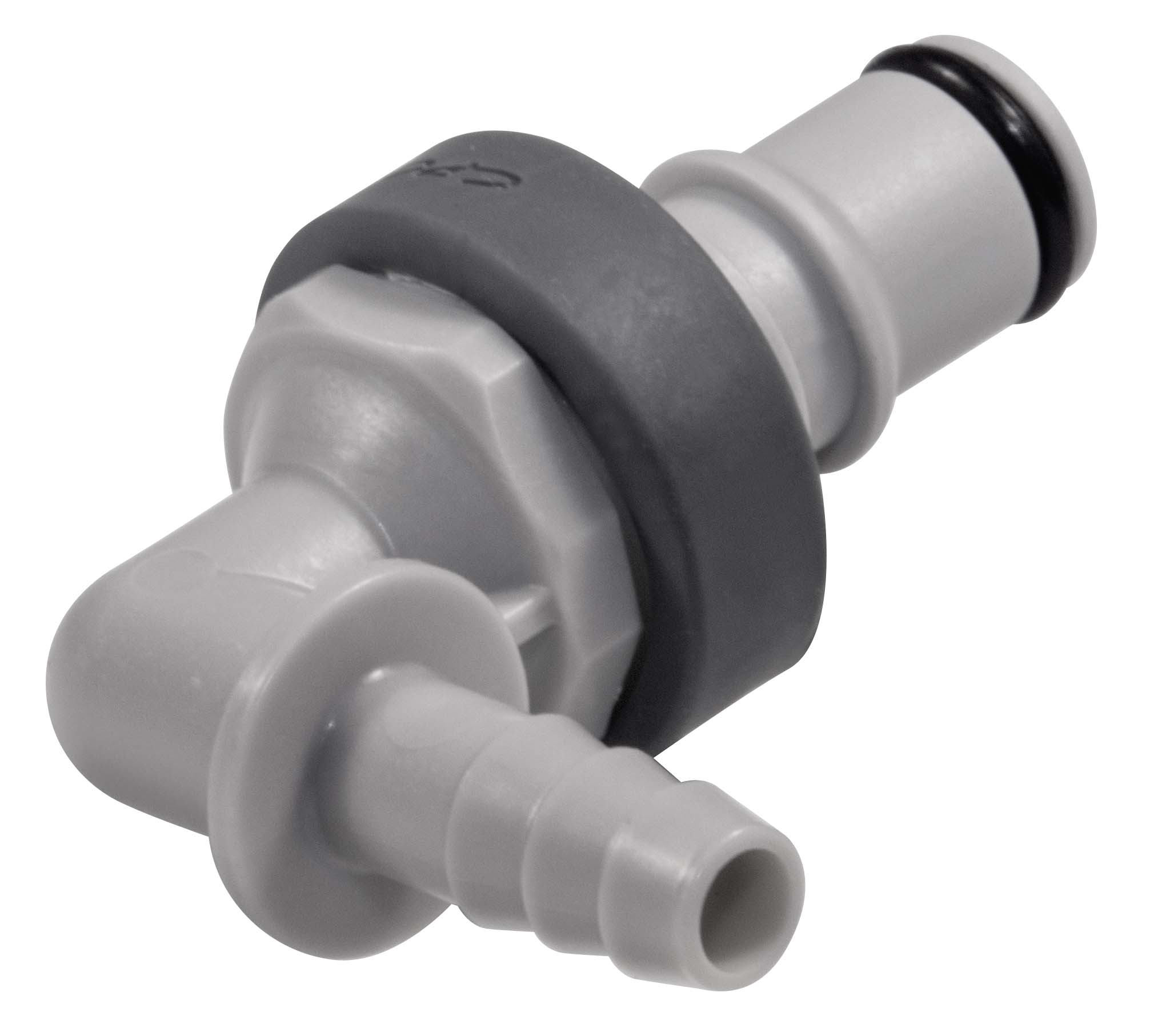 NS4D23004 - NS4 CPC Winkelstecker mit 6,4 mm Schlauchanschluss, mit Absperrventil, EPDM-Dichtung