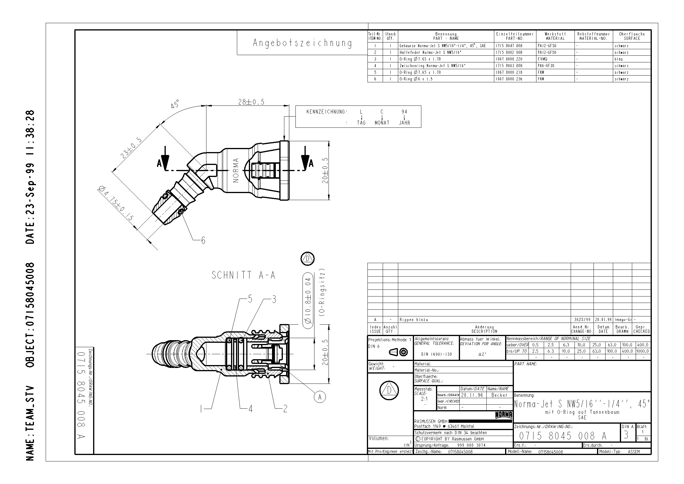 NQ-S 45°-Steckverbindung NW 5/16", mit 1/4" Schlauchanschluss (6,4 mm)